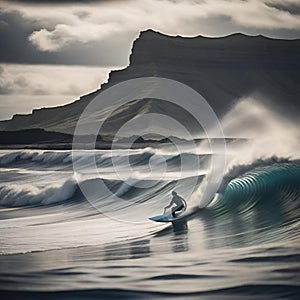 a surfer riding a wave on a beach under a cloudy sky