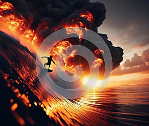 surfer riding a wave of fire , smoke and explosion, at sunset