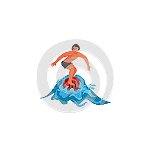 Surfer riding the wave. Raster illustration in flat cartoon style