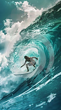 Surfer's silhouette inside a massive wave. The ultimate surfing challenge.