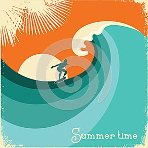 Surfer and sea wave.Retro poster illustration photo