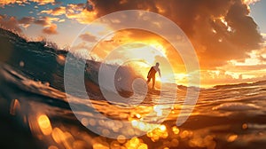 Surfer on sea wave at sunset, silhouette of man on sunny sky background, people on ocean beach. Concept of surf, sport, travel,