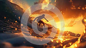 Surfer on sea wave at sunset, silhouette of young man on sunny sky background, view of person and sun on ocean beach. Concept of