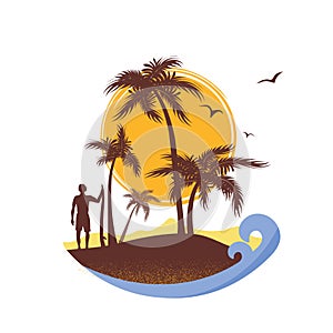 Surfer and sea waves tropical island.Vector poster background