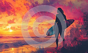 Surfer Silhouette Against Vibrant Sunset Over Ocean Waves