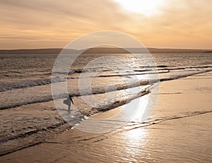 Silhouetted surfer walking out of the sea carrying a surfboard