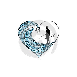 Surfer Silhouette in Heart-Shaped Wave
