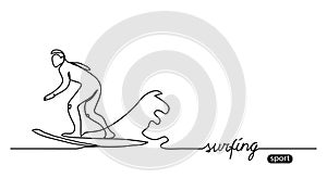 Surfer silhouette outline. Surfing simple vector background, illustration. One continuous line drawing and surfing