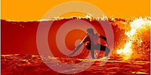 Surfer sliding on the wave at sunset low poly