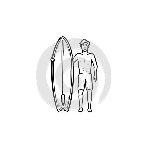 Surfer standing with surfboard hand drawn outline doodle icon.