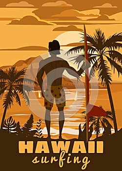 Surfer standing with surfboard on the tropical beach back view. Hawaii surfing palms ocean theme retro vintage. Vector