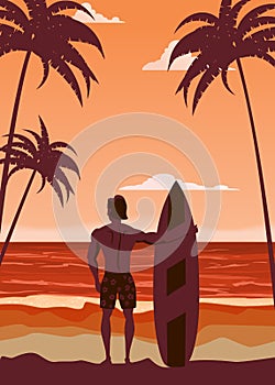 Surfer standing with surfboard on the tropical beach back view. Palms ocean surfung theme retro vintage. Vector