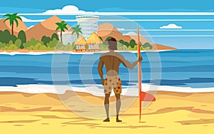 Surfer standing with surfboard on the tropical beach back view. Palms ocean surfung theme. Vector illustration isolated