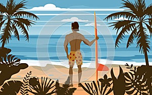 Surfer standing with surfboard on the tropical beach back view. Palms ocean surfung theme. Vector illustration isolated