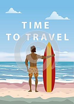 Surfer standing with surfboard on the tropical beach back view. Time to travel palms ocean surfung theme. Vector