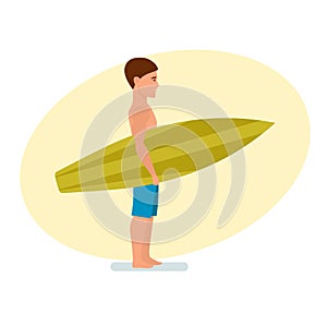 Surfer stands sideways holding board for swimming in his hands.