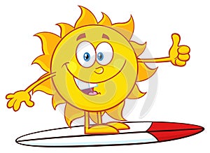 Surfer Sun Cartoon Mascot Character Over Surf Showing Thumb Up.