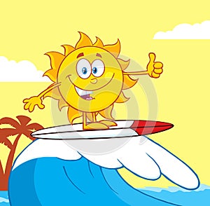 Surfer Sun Cartoon Mascot Character Riding A Wave And Showing Thumb Up.