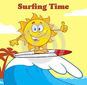 Surfer Sun Cartoon Mascot Character Riding A Wave And Showing Thumb Up