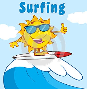 Surfer Sun Cartoon Mascot Character With Sunglasses Riding A Wave And Showing Thumb Up