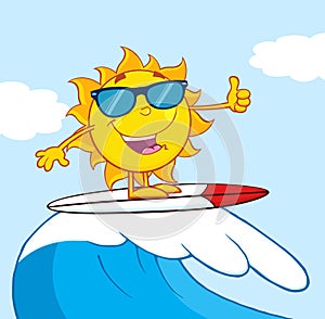 Surfer Sun Cartoon Mascot Character With Sunglasses Riding A Wave And Showing Thumb Up