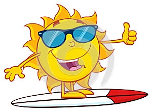 Surfer Sun Cartoon Mascot Character With Sunglasses And Showing Thumb Up