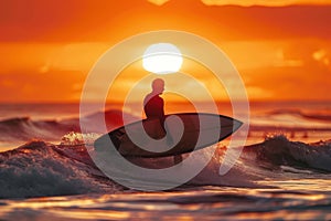 Surfer at Sunset with Bright Orange Sky and Waves Crashing Around Him