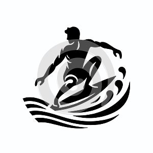 Surfer on the surfboard, black and white vector illustration, ocean wave surfing icon, generative ai