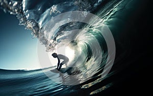 Surfer surfboard ride on the waves in the ocean, extreme sports, outdoor recreation, summer landscape, generative ai