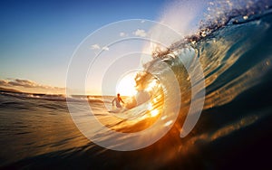 Surfer surfboard ride on the waves in the ocean, extreme sports, outdoor recreation, summer landscape, generative ai