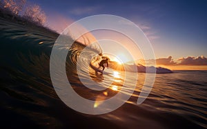 Surfer surfboard ride on the waves in the ocean, extreme sports, outdoor recreation, summer landscape, generative ai