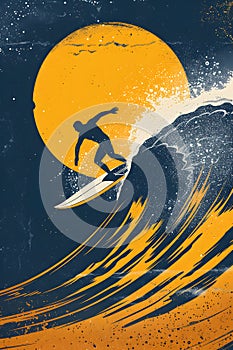 Surfer on surfboard rides wind wave under full moon