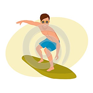 Surfer with surfboard standing, riding on ocean wave. Surf travel.