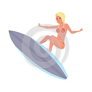 Surfer with surfboard standing, riding on ocean wave. Surf travel.