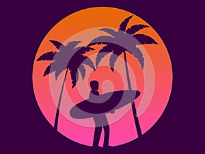 Surfer with surfboard at sunset background. Silhouette of a surfer and palm trees against the background of a gradient sun. Design