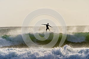 A surfer surfing at Betty`s Bay beach in the Western Cape, South Africa