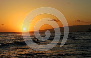 Surfer Surfing during a Hawaiian Sunset