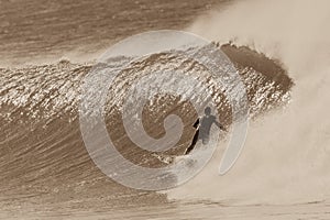 Surfer Surfing Rides Cold Wave Sepia Tone