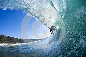 Surfer Surfing Tube Ride Inside Perspective Wave