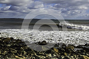 Surfer surfs a perfect wave on a sunny day