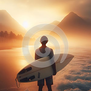 Surfer waits on early morning beach to catch the perfect wave