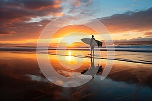 a surfer walking along the beach with a surfboard under his arm during sunrise