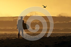 Surfer walking down the beach at sunset