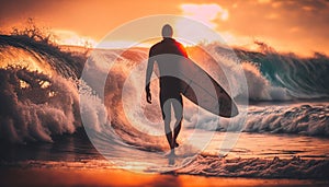 Surfer walking to Ocean Sunset: A Stunning Beach Landscape, dusk on the shore