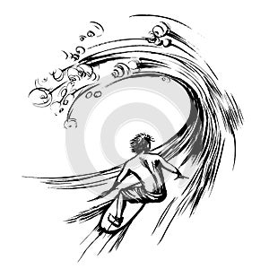 Surfer in wave brush ink sketch handdrawn serigraphy print