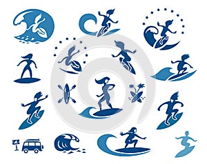 Surfer on Waves Silhouettes icon set