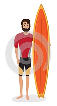 Surfer in wetsuit with surfboard standing and riding