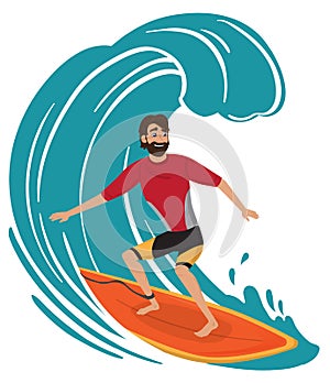 Surfer in wetsuit with surfboard standing and riding