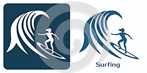 Surfer woman riding a big wave. Recreational or Competitive Surfing Emblem.
