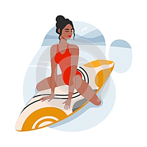 Surfer woman is sitting on surfboard in ocean wave. Girl in red swimwear chilling on surf in sea. Flat or catroon isolated trendy